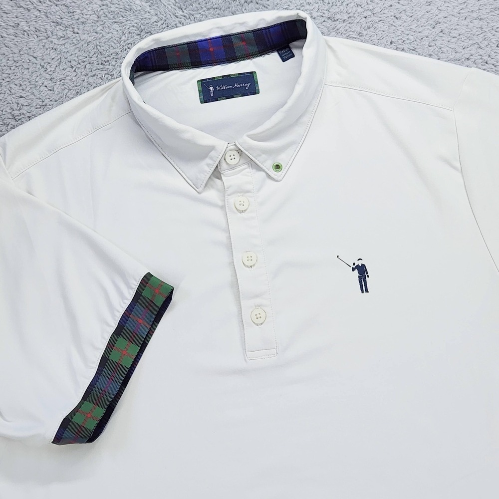 William Murray Polo Shirt Mens Medium White Plaid Trim Golf Performance Stretch